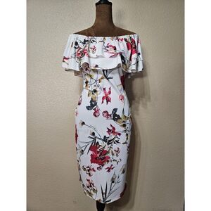 ASOS Women’s Off Shoulder Floral Bodycon Midi Dress White Red Yellow Size L